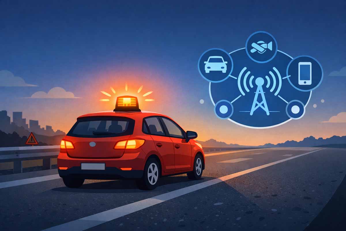 Baliza V16 DGT conectada colocada en el techo de un coche averiado en el arcén, con conexión a DGT 3.0