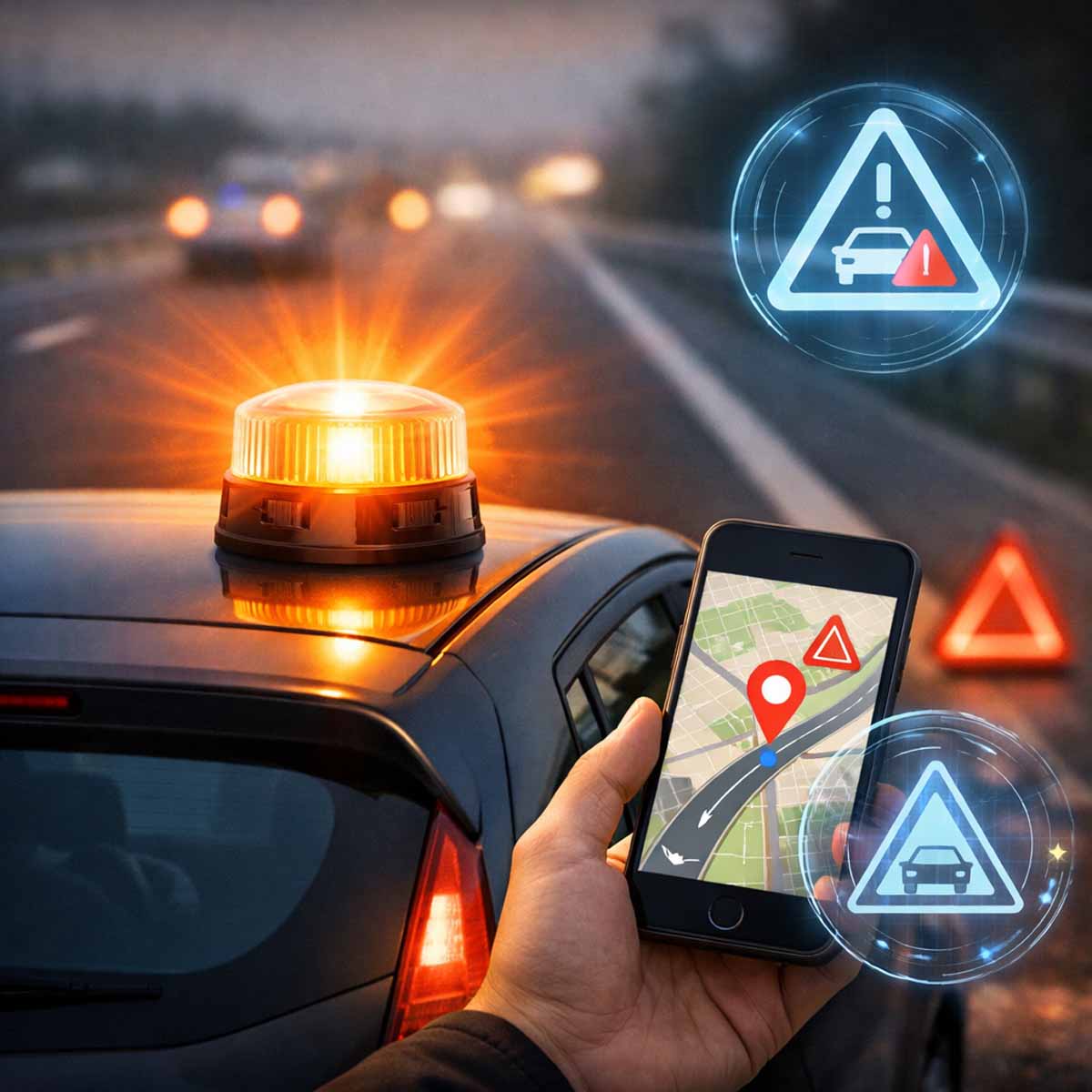 baliza V16 conectada en el techo del coche señalizando una avería en 2026, con aviso digital tipo triángulo virtual V-27