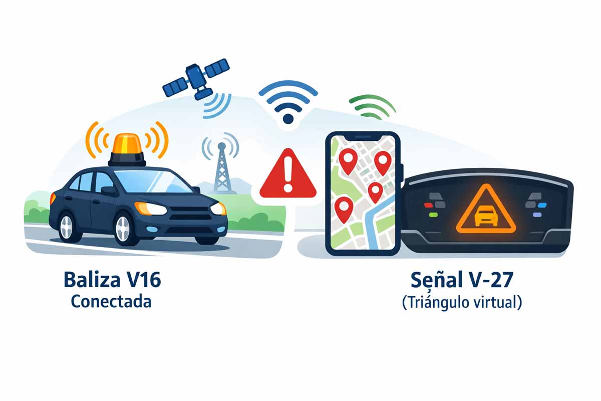 Baliza V27 DGT y mapa de balizas V16 activadas en tiempo real: aviso virtual y baliza conectada