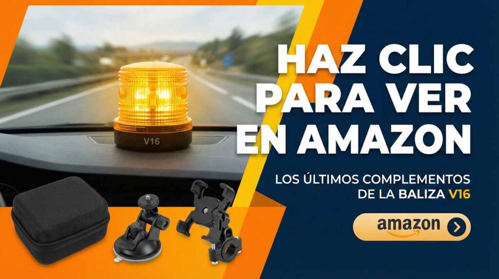Banner con accesorios para luz de emergencia V16: fundas protectoras y soportes de fijación.